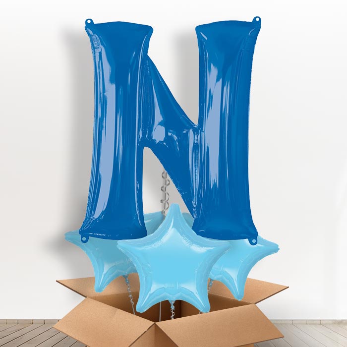 Personalised N Helium Balloon in a Box - Blue - Giant Letter and 3 Balloons | Party Save Smile