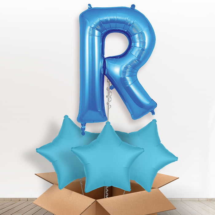 Personalised R Helium Balloon in a Box - Blue - Giant Letter and 3 Balloons | Party Save Smile