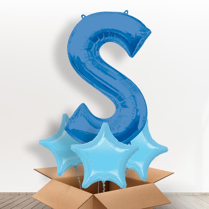 Personalised S Helium Balloon in a Box - Blue - Giant Letter and 3 Balloons | Party Save Smile