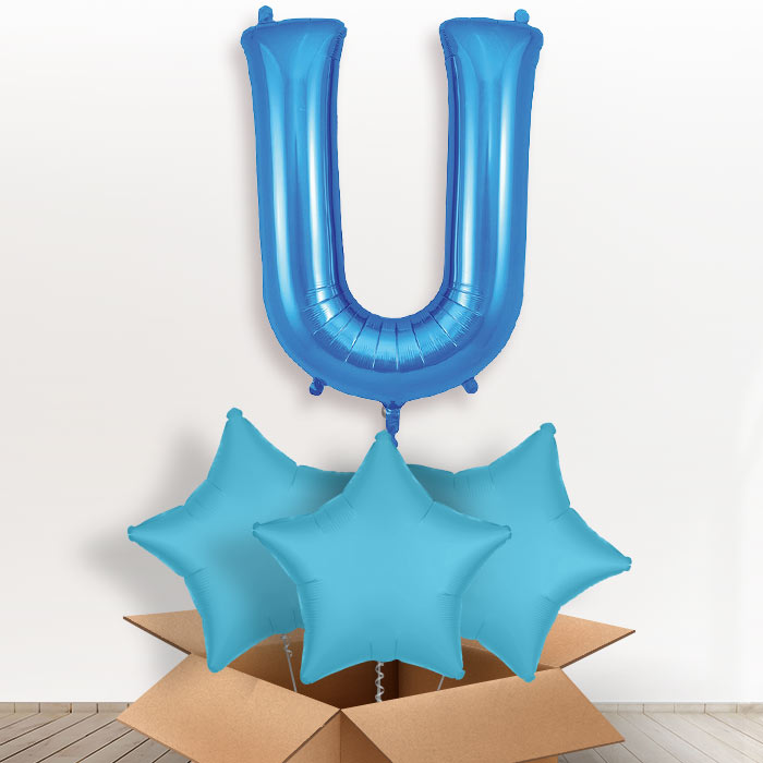 Personalised Letter U Helium Balloon in a Box - Blue - Giant Letter and 3 Balloons | Party Save Smile