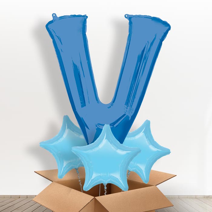 Personalised V Helium Balloon in a Box - Blue - Giant Letter and 3 Balloons | Party Save Smile