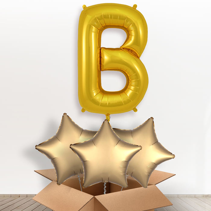 Personalised Helium Balloon Letter B in a Box - Gold - Giant Letter and 3 Balloons | Party Save Smile