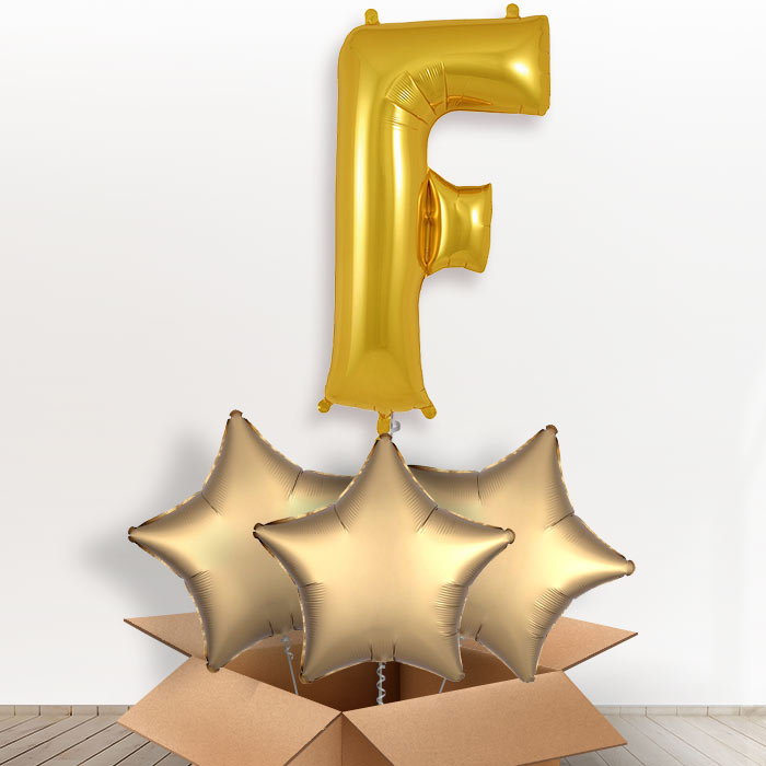 Personalised F Helium Balloon in a Box - Gold - Giant Letter and 3 Balloons | Party Save Smile