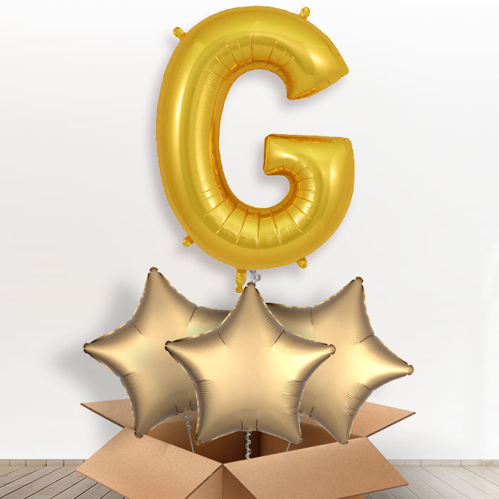 Personalised Letter G Helium Balloon in a Box - Gold - Giant Letter and 3 Balloons | Party Save Smile