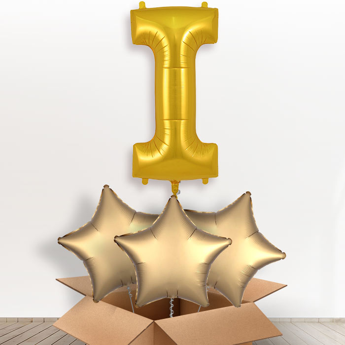 Personalised I Letter Helium Balloon in a Box - Gold - Giant Letter and 3 Balloons | Party Save Smile