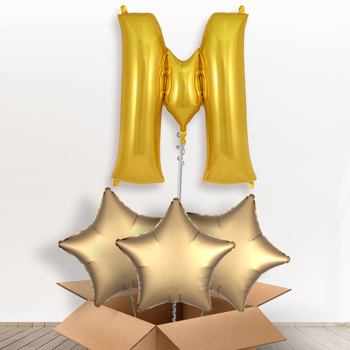 Personalised Letter M Helium Balloon in a Box - Gold - Giant Letter and 3 Balloons | Party Save Smile