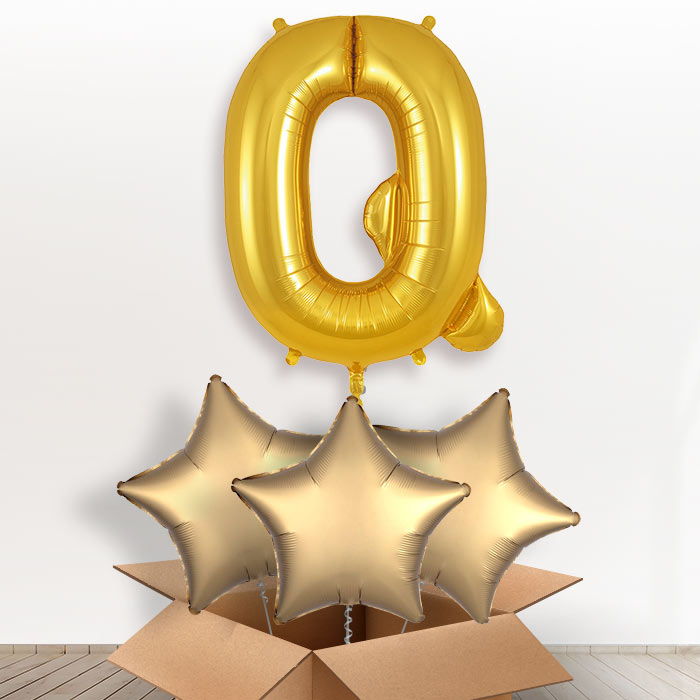 Personalised Letter Q Helium Balloon in a Box - Gold - Giant Letter and 3 Balloons | Party Save Smile