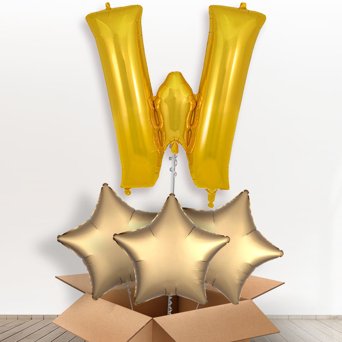 Personalised Letter W Helium Balloon in a Box - Gold - Giant Letter and 3 Balloons | Party Save Smile