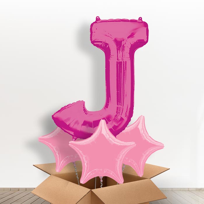 Personalised Letter J Helium Balloon in a Box - Pink - Giant Letter and 3 Balloons | Party Save Smile