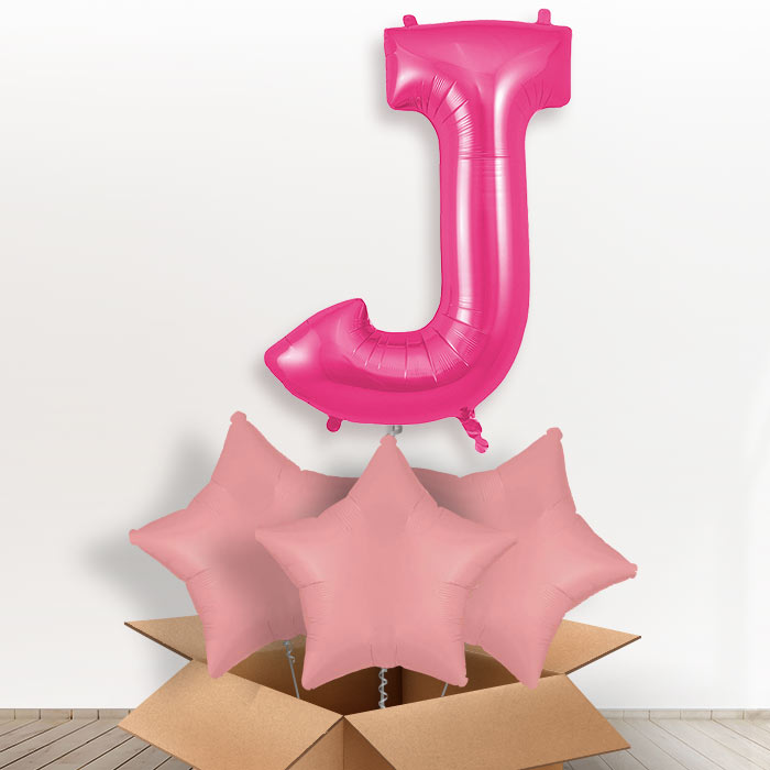 Personalised Letter J Helium Balloon in a Box - Pink - Giant Letter and 3 Balloons | Party Save Smile