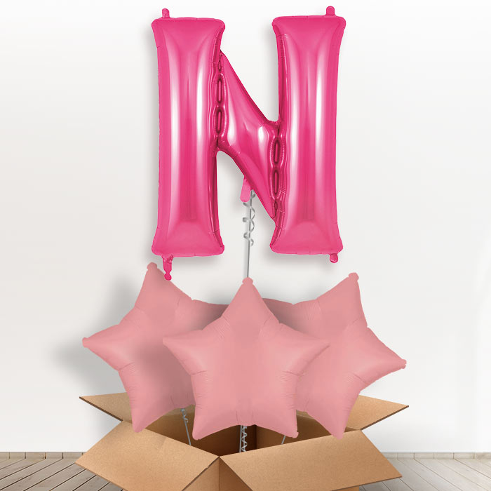 Personalised N Helium Balloon in a Box - Pink - Giant Letter and 3 Balloons | Party Save Smile