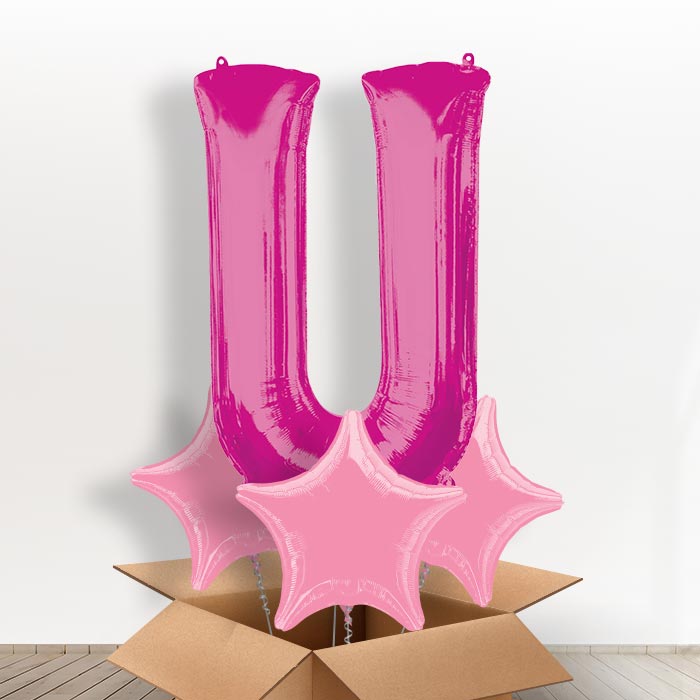 Personalised U Helium Balloon in a Box - Pink - Giant Letter and 3 Balloons | Party Save Smile