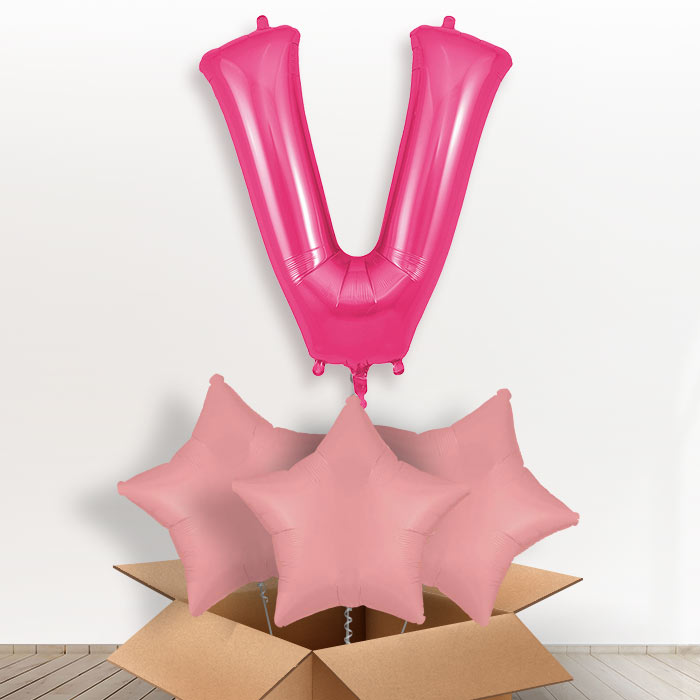 Personalised Letter V Helium Balloon in a Box - Pink - Giant Letter and 3 Balloons | Party Save Smile