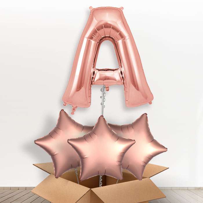 Personalised Letter A Helium Balloon in a Box - Rose Gold - Giant Letter and 3 Balloons | Party Save Smile
