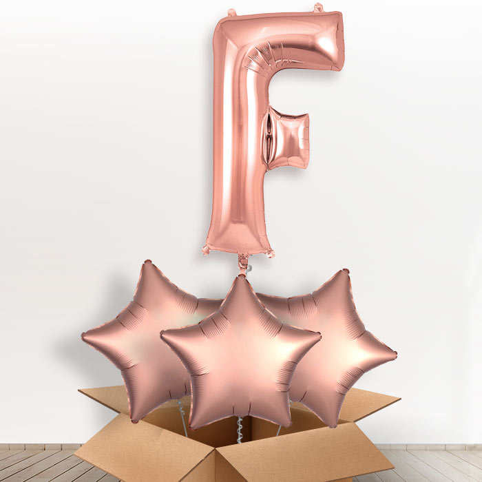 Personalised Letter F Helium Balloon in a Box - Rose Gold - Giant Letter and 3 Balloons | Party Save Smile