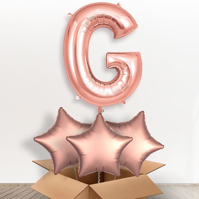 Personalised G Helium Balloon in a Box - Rose Gold - Giant Letter and 3 Balloons | Party Save Smile