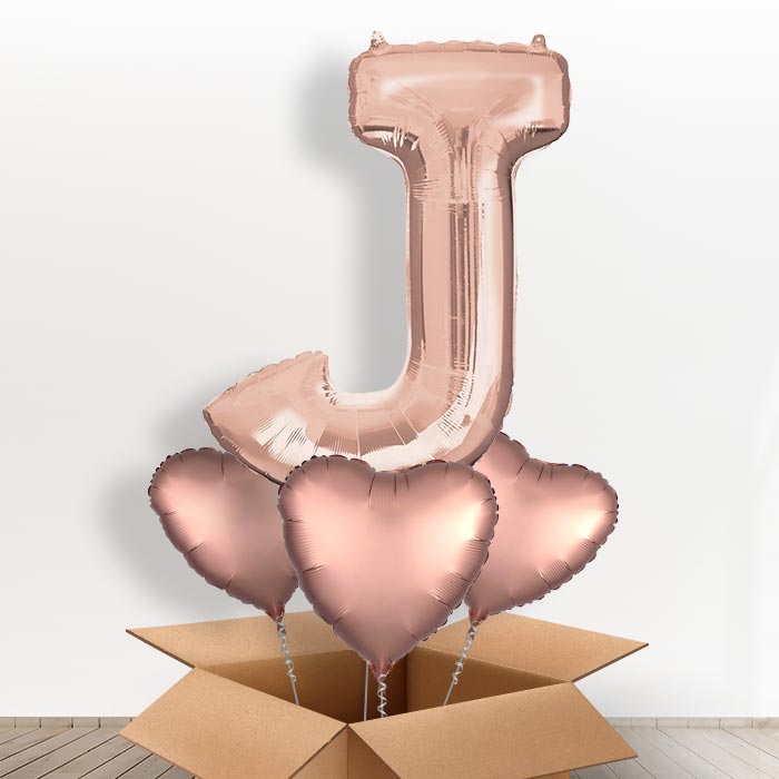 Personalised Letter J Helium Balloon in a Box - Rose Gold - Giant Letter and 3 Balloons | Party Save Smile
