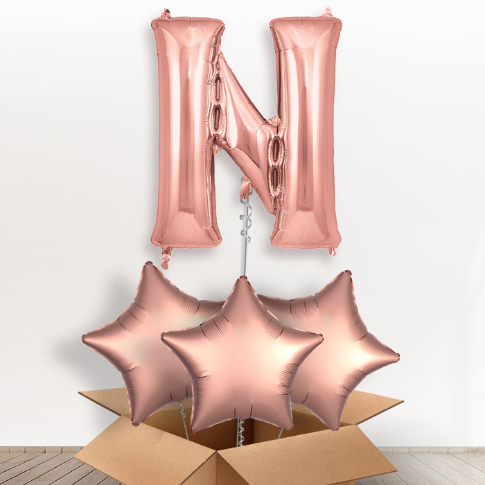 Personalised N Helium Balloon in a Box - Rose Gold - Giant Letter and 3 Balloons | Party Save Smile