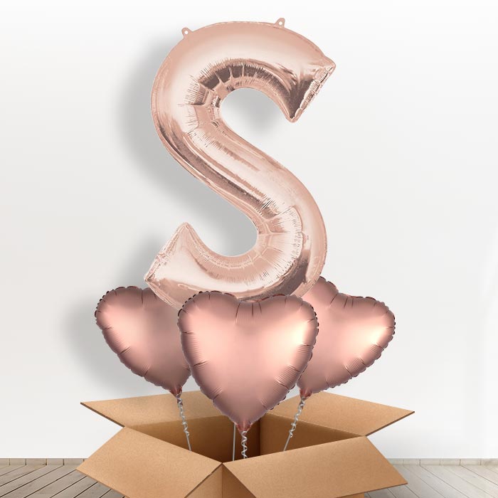 Personalised Letter S Helium Balloon in a Box - Rose Gold - Giant Letter and 3 Balloons | Party Save Smile