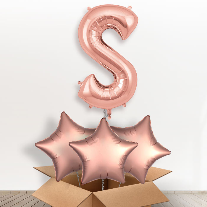 Personalised Letter S Helium Balloon in a Box - Rose Gold - Giant Letter and 3 Balloons | Party Save Smile