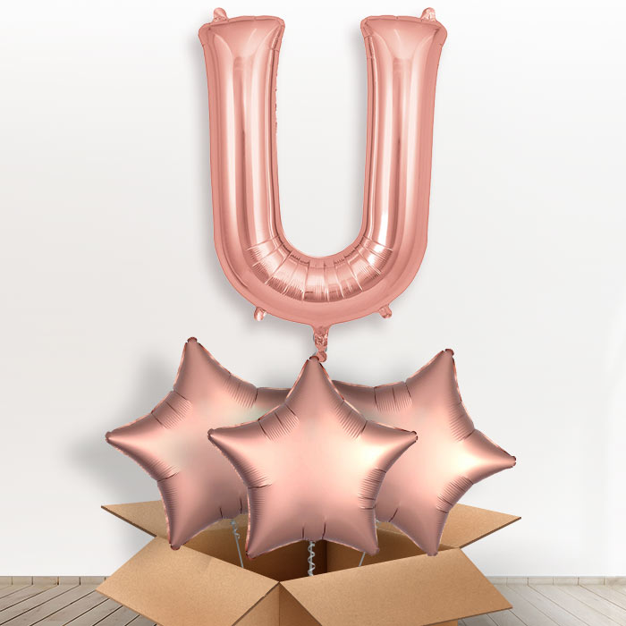 Personalised U Helium Balloon in a Box - Rose Gold - Giant Letter and 3 Balloons | Party Save Smile
