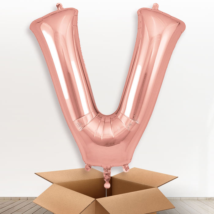 Personalised V Helium Balloon in a Box - Rose Gold - Giant Letter | Party Save Smile