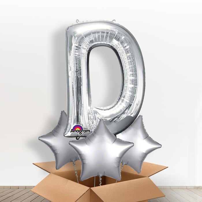 Personalised Helium Balloons Letter D in a Box - Silver - Giant Letter and 3 Balloons | Party Save Smile
