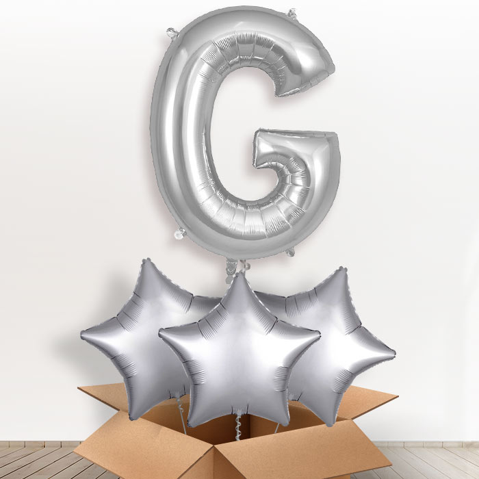 Personalised G Helium Balloon in a Box - Silver - Giant Letter and 3 Balloons | Party Save Smile