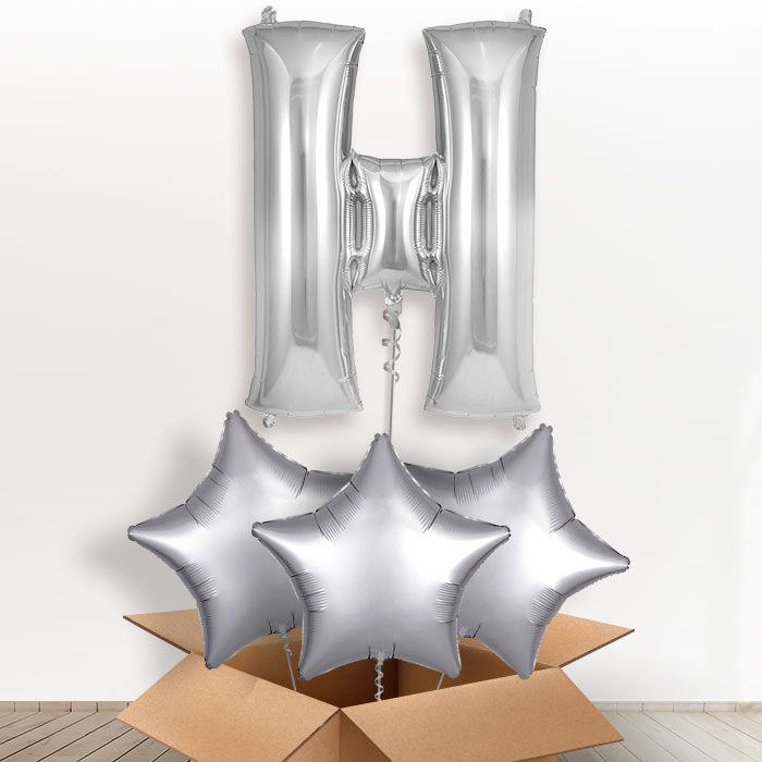 Personalised Letter H Helium Balloon in a Box - Silver - Giant Letter and 3 Balloons | Party Save Smile