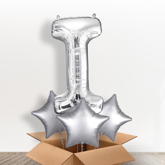 Personalised I Helium Balloon in a Box - Silver - Giant Letter and 3 Balloons | Party Save Smile