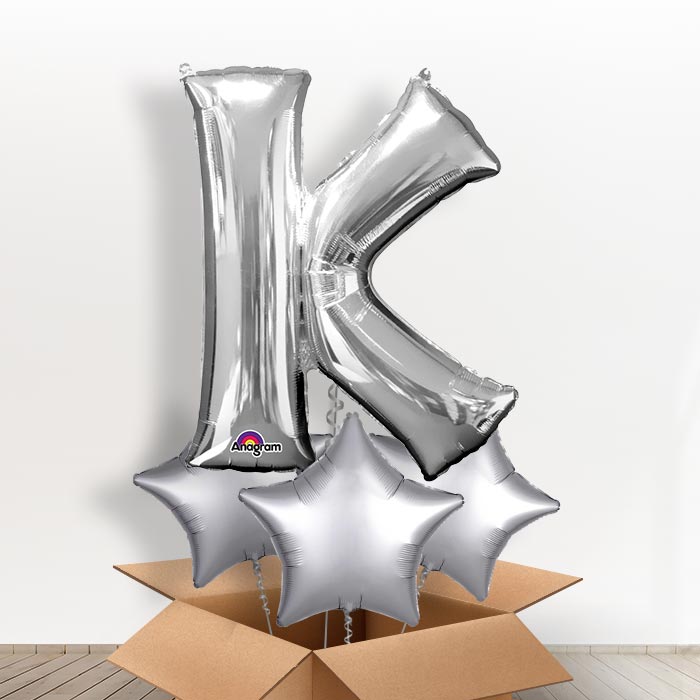 Personalised Letter K Helium Balloon in a Box - Silver - Giant Letter and 3 Balloons | Party Save Smile