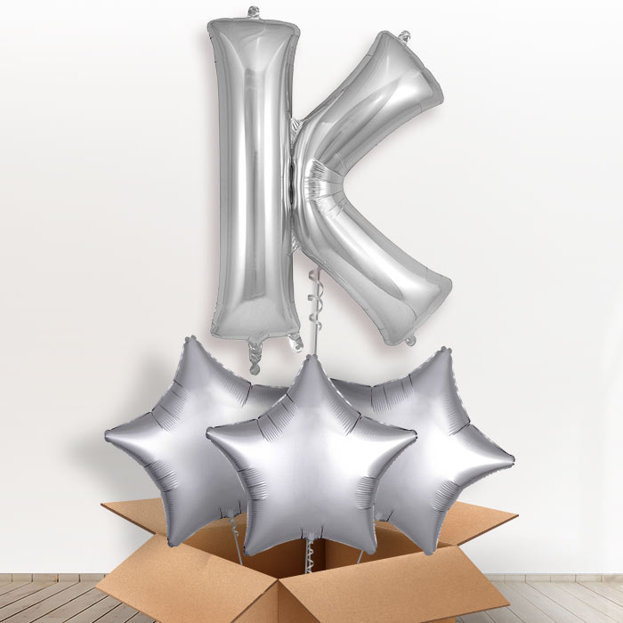 Personalised Letter K Helium Balloon in a Box - Silver - Giant Letter and 3 Balloons | Party Save Smile