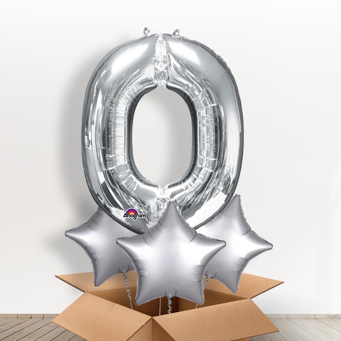Personalised Letter O Helium Balloon in a Box - Silver - Giant Letter and 3 Balloons | Party Save Smile