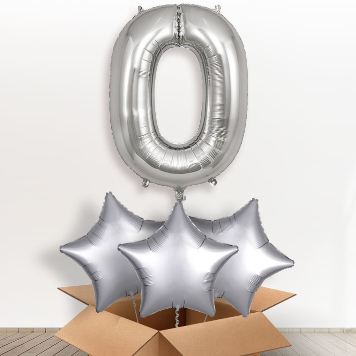 Personalised Letter O Helium Balloon in a Box - Silver - Giant Letter and 3 Balloons | Party Save Smile