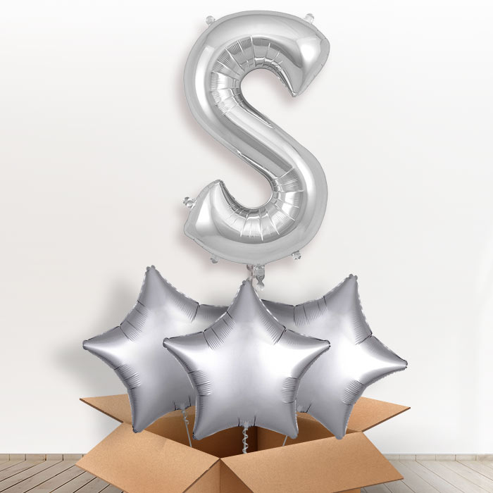 Personalised Helium Balloon S in a Box - Silver - Giant Letter and 3 Balloons | Party Save Smile