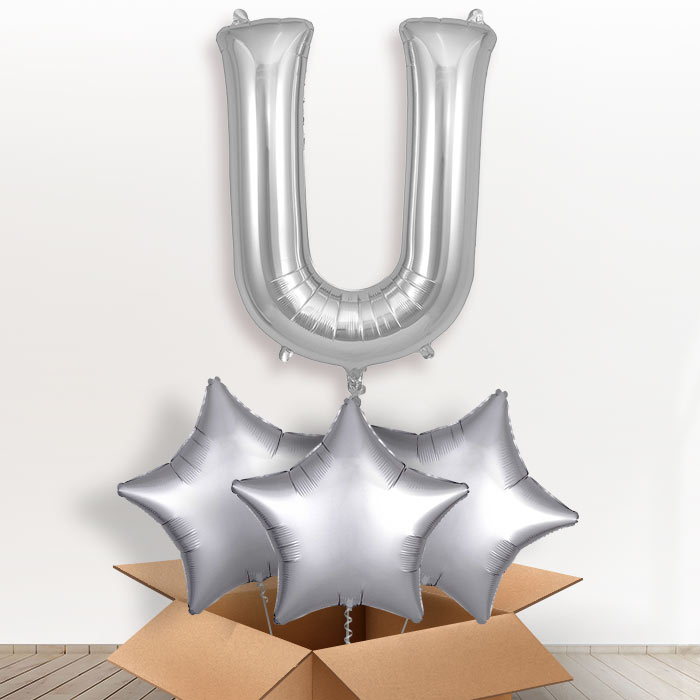 Personalised Letter U Helium Balloon in a Box - Silver - Giant Letter and 3 Balloons | Party Save Smile