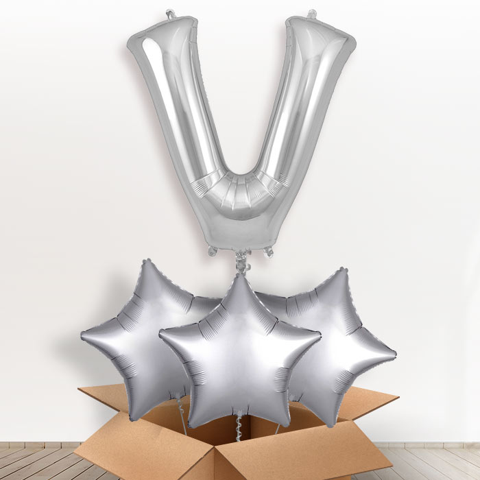 Personalised Letter V Helium Balloon in a Box - Silver - Giant Letter and 3 Balloons | Party Save Smile