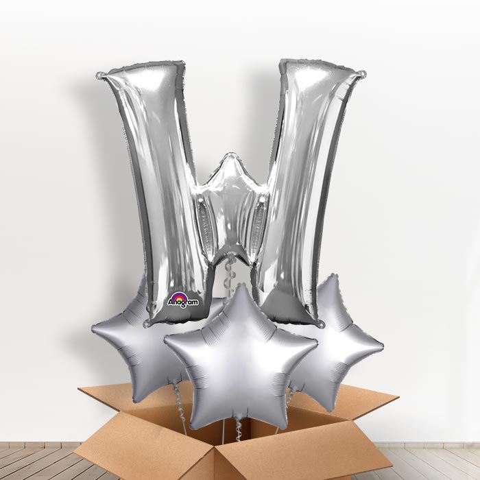 Personalised W Helium Balloon in a Box - Silver - Giant Letter and 3 Balloons | Party Save Smile