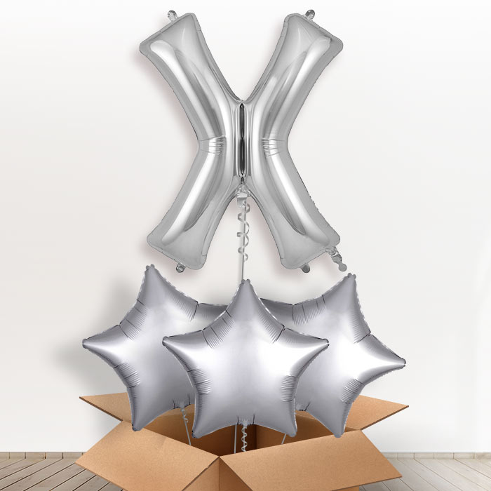 Personalisable Silver Giant Letter X Balloon in a Box Gift - Giant Letter and 3 Balloons | Party Save Smile