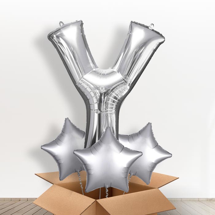 Personalised Letter Y Helium Balloon in a Box - Silver - Giant Letter and 3 Balloons | Party Save Smile