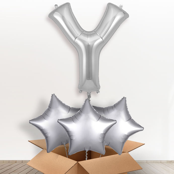 Personalised Letter Y Helium Balloon in a Box - Silver - Giant Letter and 3 Balloons | Party Save Smile