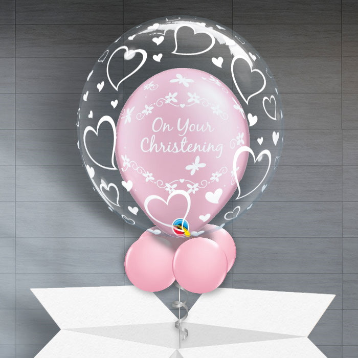 Pink Hearts Personalisable Christening Balloons in a Box - Bubble Balloon | Party Save Smile