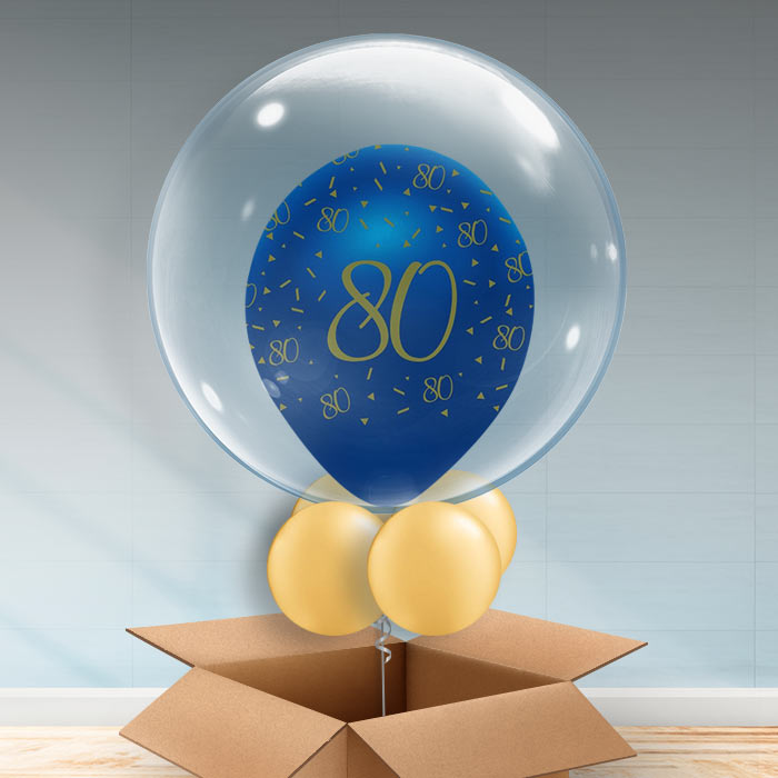 Personalisable 80th Birthday Balloons - Blue and Gold - Bubble Balloon | Party Save Smile