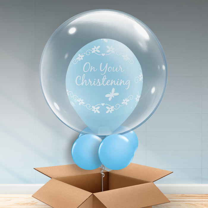 Personalised Christening Balloons in a Box Blue Butterflies - Bubble Balloon | Party Save Smile
