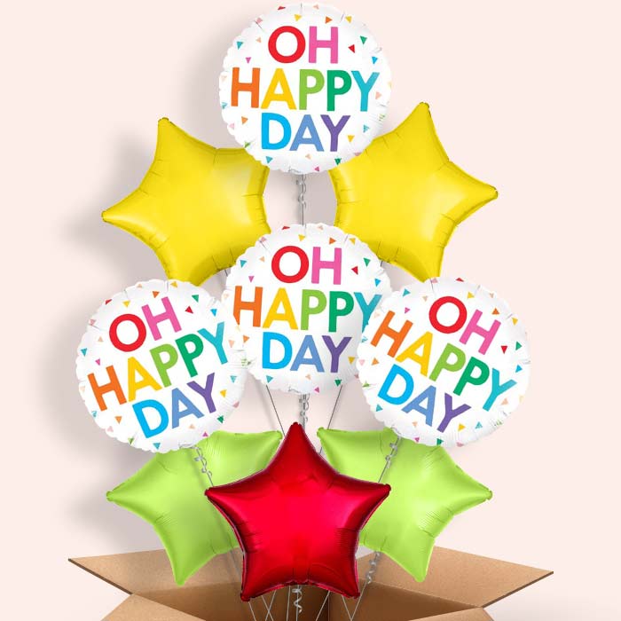 Rainbow Oh Happy Day Helium Balloons in a Box - 9 Balloon | Party Save Smile