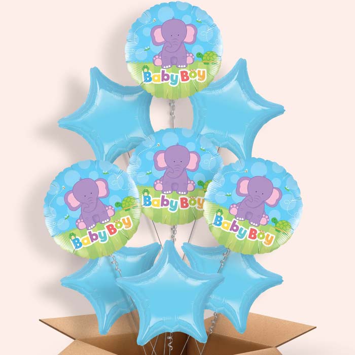 Elephant Baby Boy Helium Balloons in a Box: New Baby Balloon - 9 Balloon | Party Save Smile