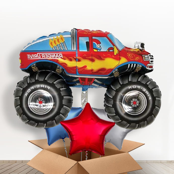 Giant Monster Truck Helium Balloons in a Box - With 3 Plain Balloons | Party Save Smile