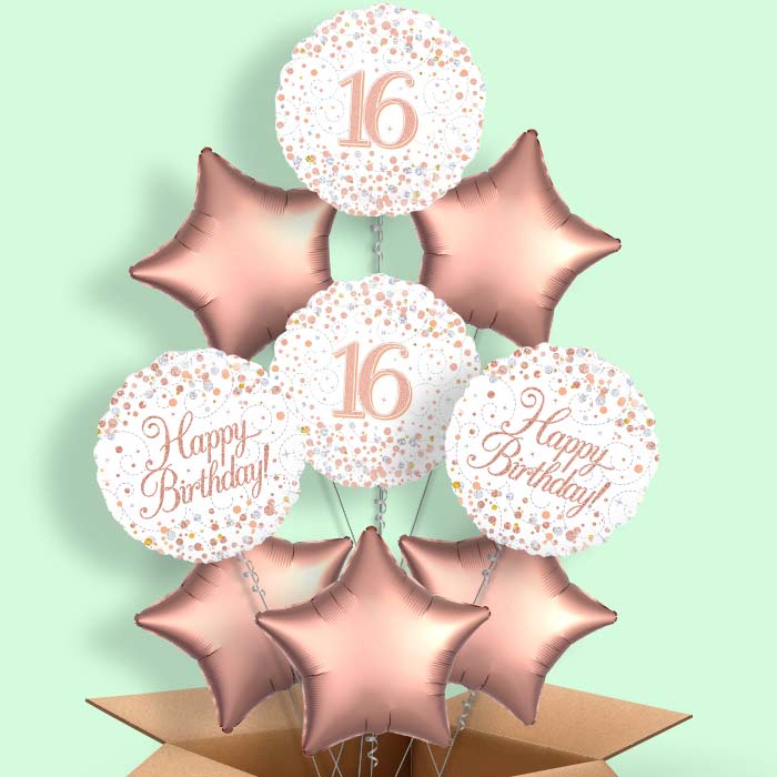 Rose Gold and White 16th Birthday Helium Balloon in a Box - 9 Balloon | Party Save Smile