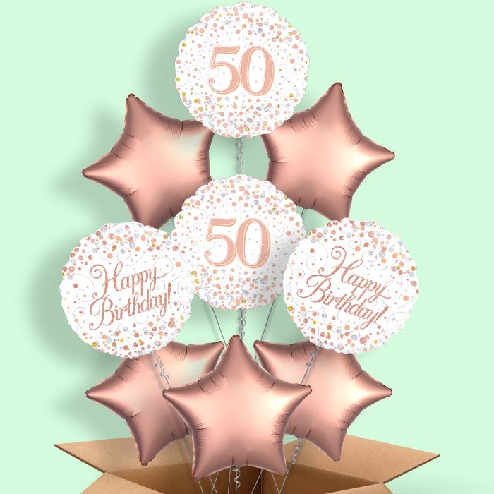 Rose Gold and White 50th Birthday Helium Balloon in a Box - 9 Balloon | Party Save Smile