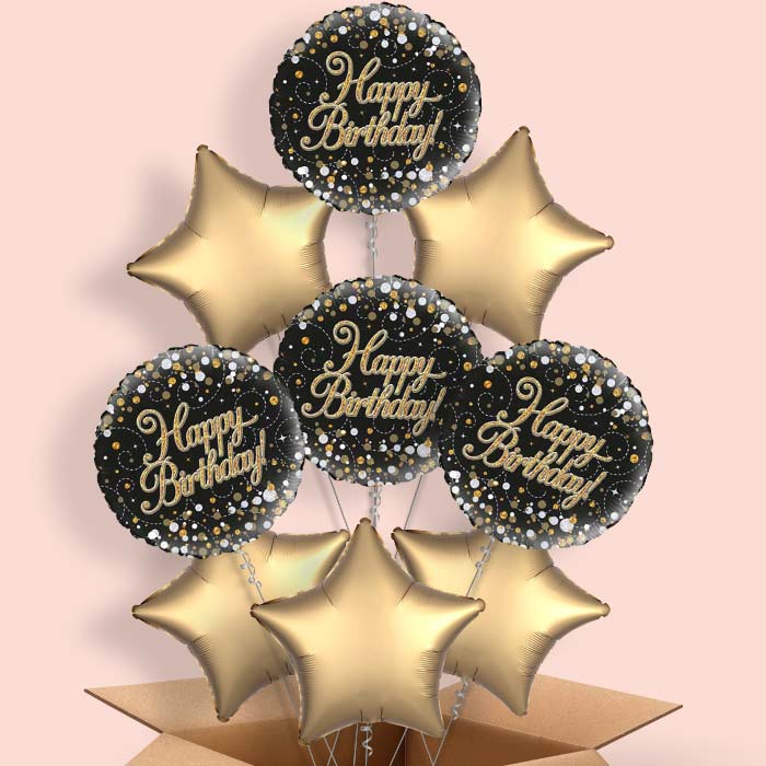 Black and Gold Holographic Birthday Helium Balloon in a Box - 9 Balloon | Party Save Smile